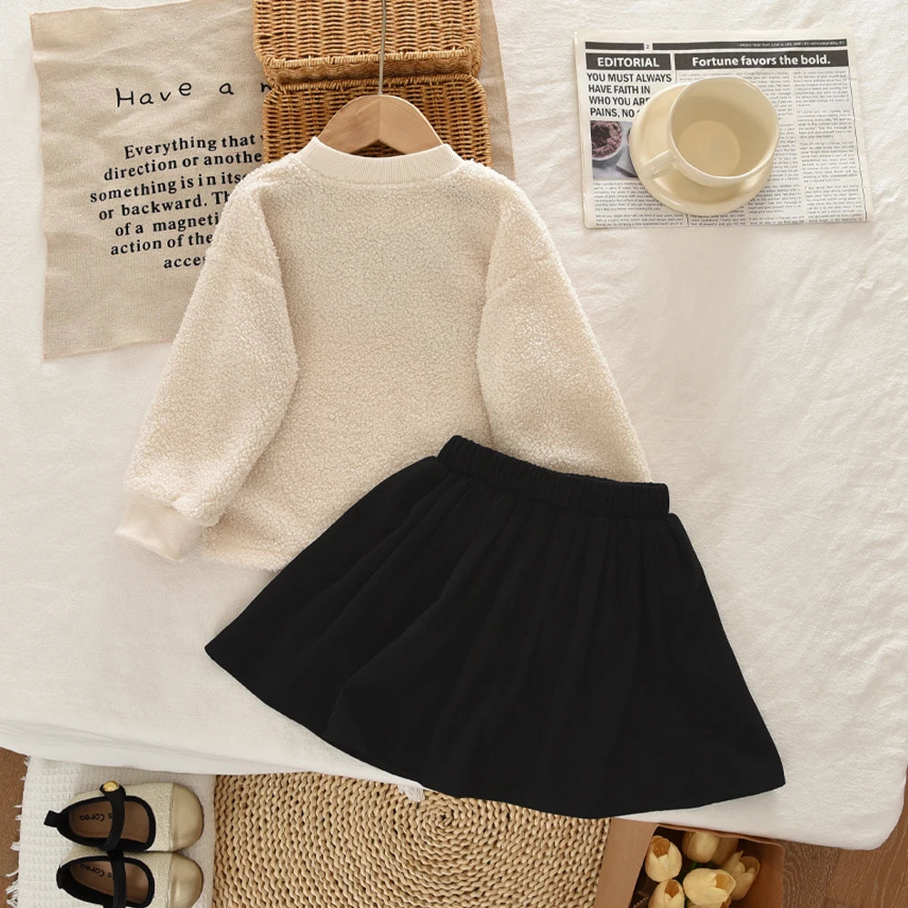 Bear Leader Autumn Winter Korean Version Beige Girls' Set Casual Kids Clothes Bow Fleece Long Sleeved Top + Black Short Skirt