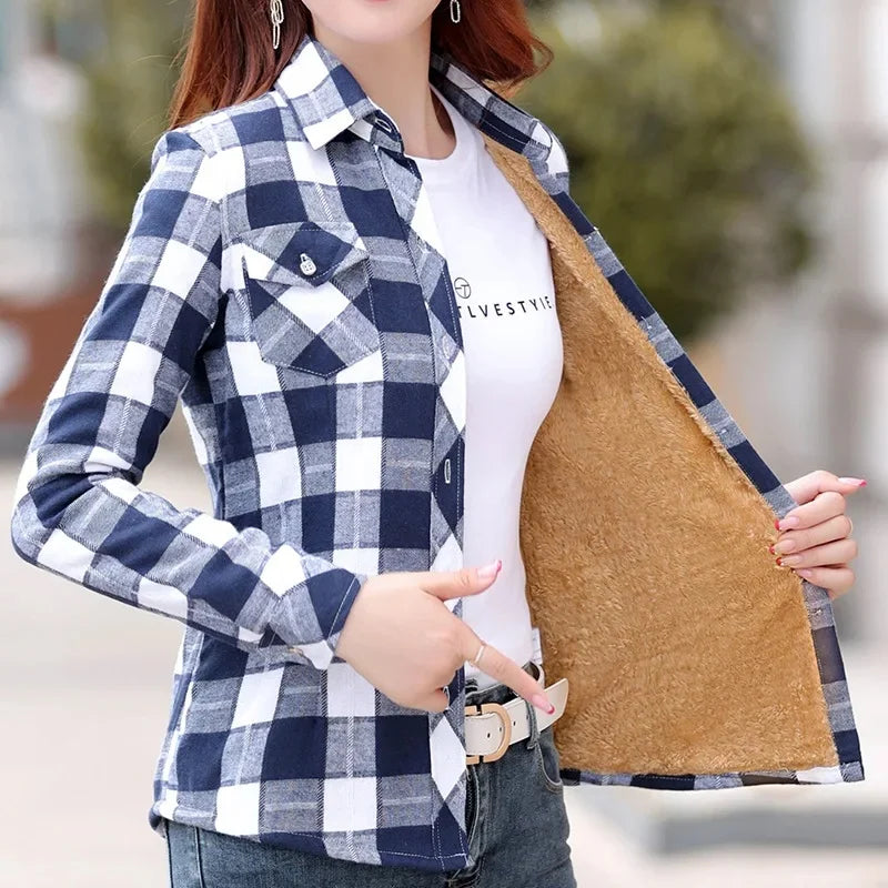 Thickened Fleece Women's Long Sleeve Shirt Autumn Winter New Style Warm Plaid Loose Fit  Style Cotton Button up Top