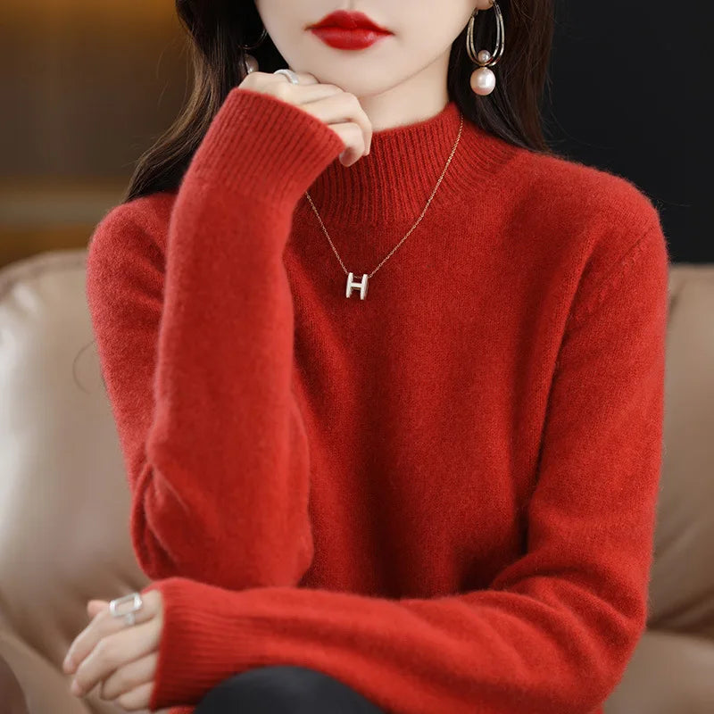 Autumn Winter Women Sweater Korean Fashion Warm Bottoming Shirts Half High Collar Basic Knitwear Solid Long Sleeve Pullovers