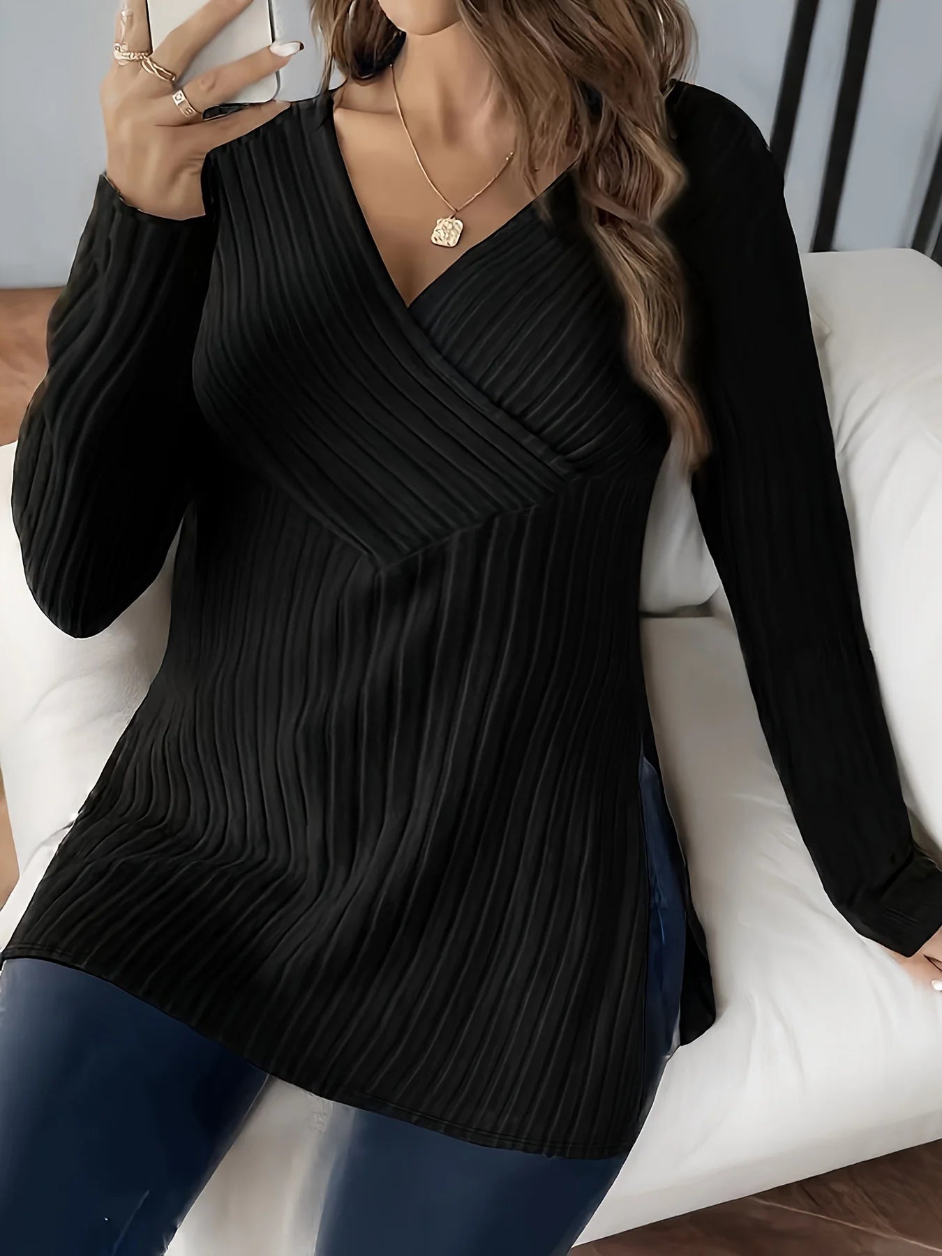 Plus Size Women's V-Neck Pleated Long Sleeve Tunic Top Elegant Flowy Comfortable Design