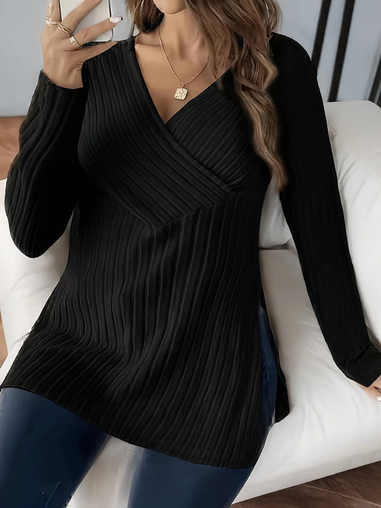 Plus Size Women's V-Neck Pleated Long Sleeve Tunic Top Elegant Flowy Comfortable Design