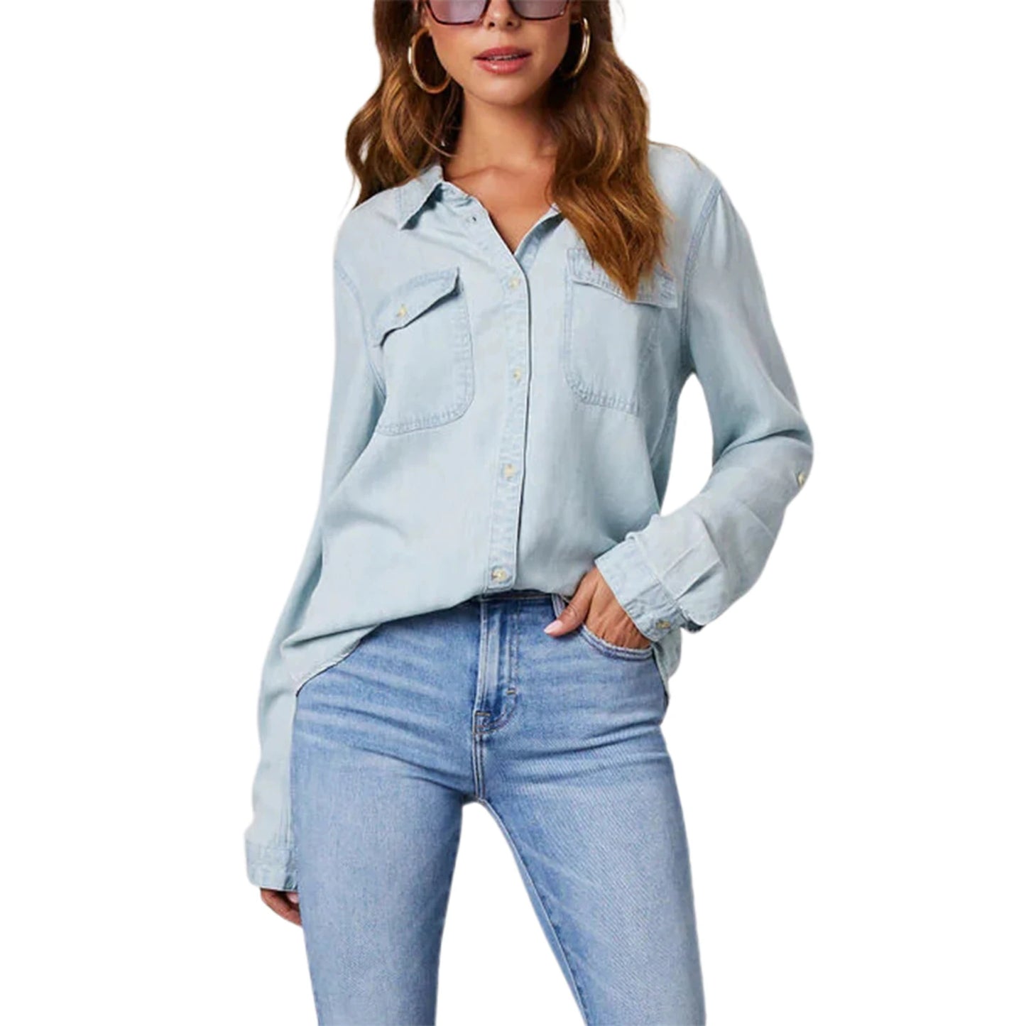 Women Denim Shirts Solid Color Turn Down Collar Long Sleeve Jean Blouses Spring Loose Casual Tops Streetwear