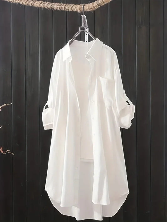 Plus Size 1XL-5XL Casual Blouse Women's Plus Solid Button Up Roll Up Sleeve Slight Stretch Blouse