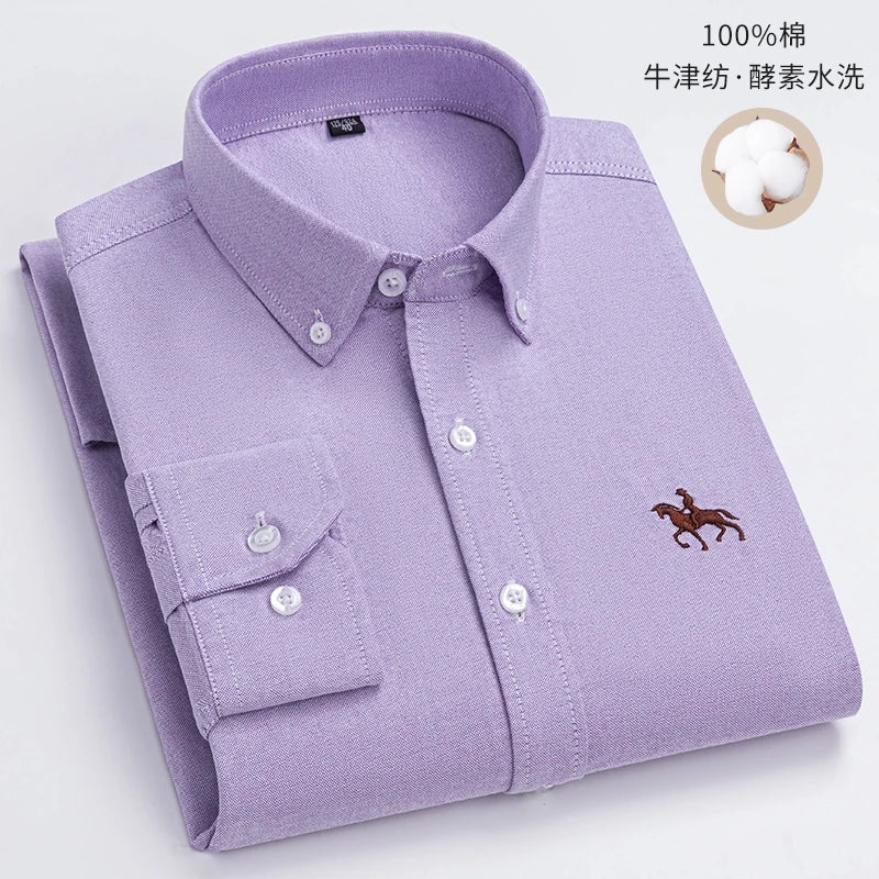 S~6XL Cotton Oxford Shirt For Mens Long Sleeve Plaid Striped Casual Shirts Male Pocket Regular-Fit Button-Down Work Man Shirt