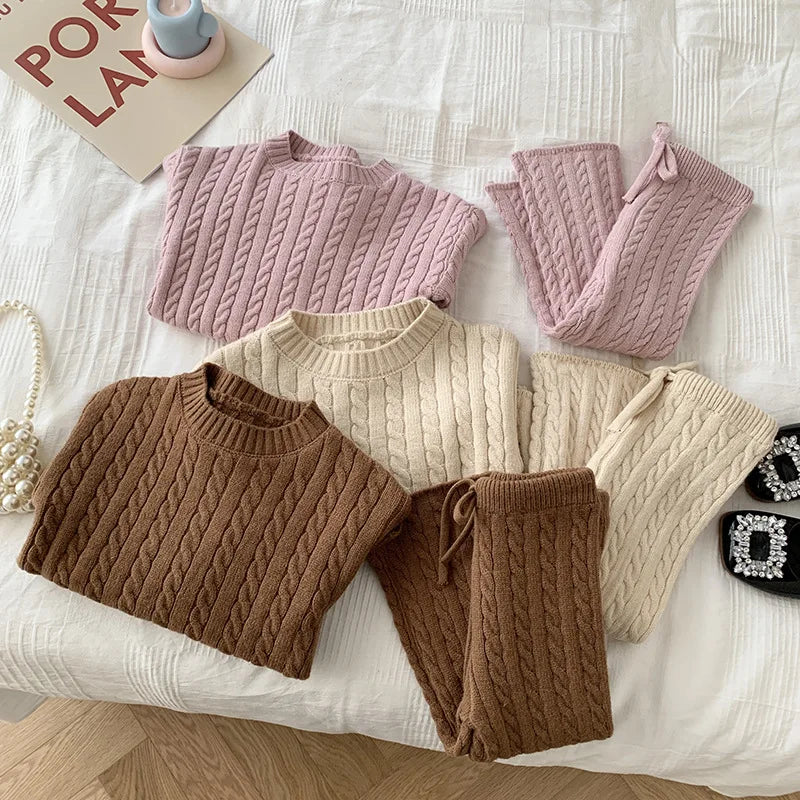 2025 Autumn Spring Korean Style Kids Knitted Clothing Set Long Sleeved Solid Color Knitted Pullover+Pants Baby Girl Clothes Suit