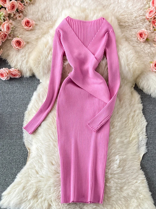 YuooMuoo Autumn Winter 2025 Women Dress Elegant Cross V-neck Slim Waist Knitted Bodycon Dress Korean Office Lady Vestidos