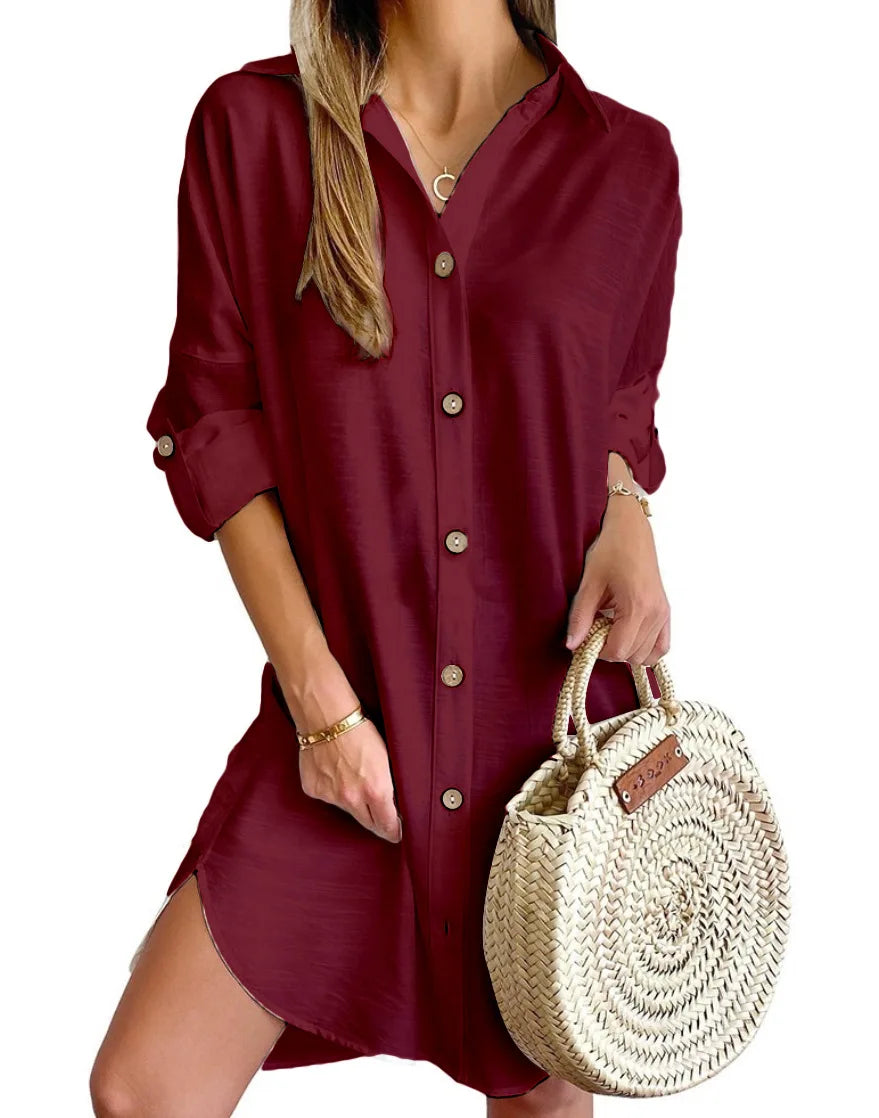 Women's Long Sve Collar Button up irt Dr High Waist Skirt Sle Casual Faion Polyester Fabric Iron Free Summer Dr