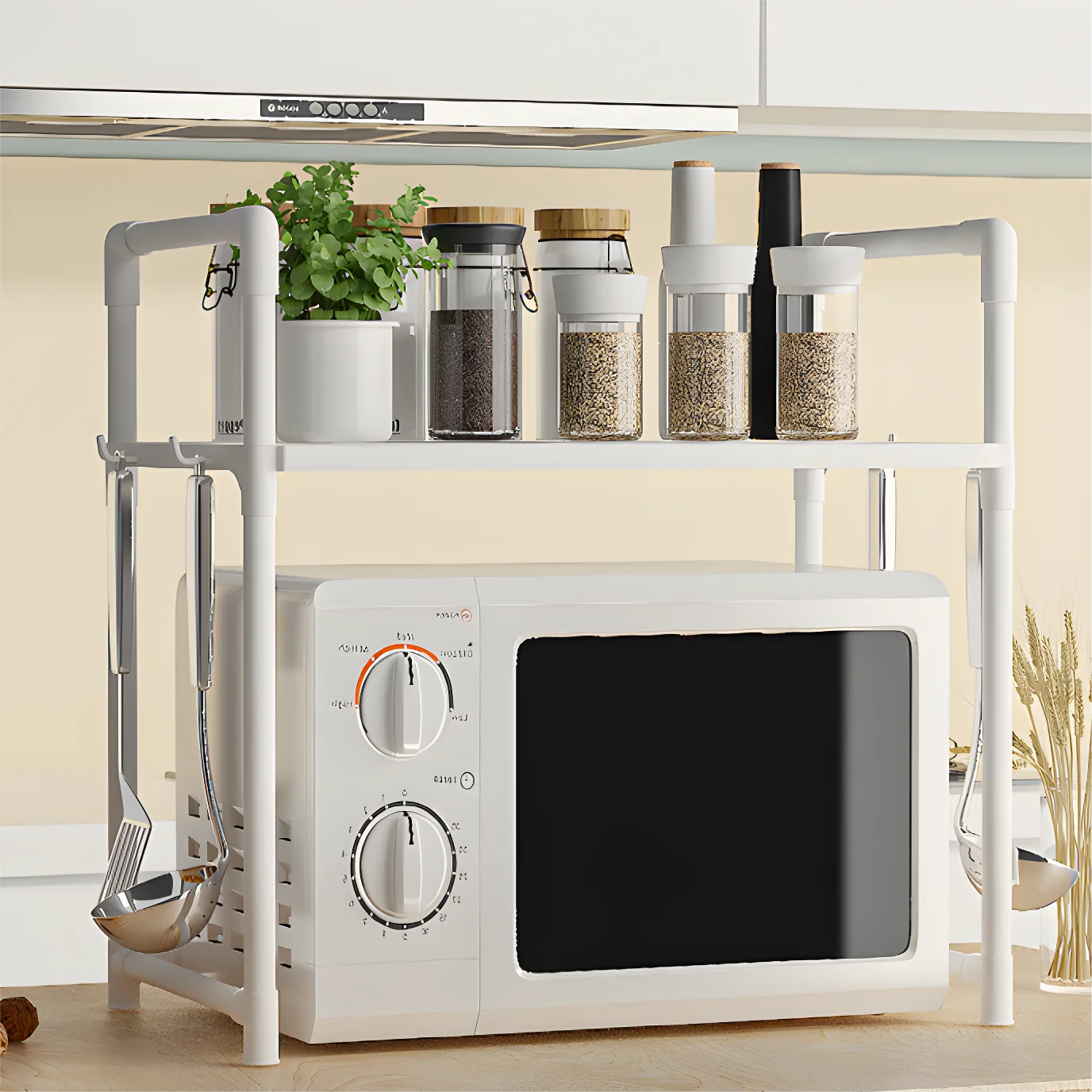 1pc Microwave Oven Storage Rack, Space-saving Countertop Kitchen Utensils Tableware Organizer, Kitchen Accessories Plastic Shelf