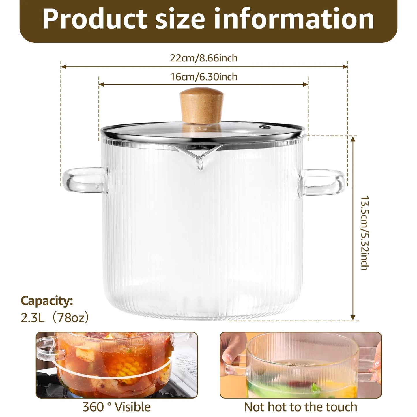 1600ML/2300ML Glass Cooking Pot Transparent Borosilicate Glass Simmer Pot with Lid Multifunctional Stew Pots for Cooking Kitchen