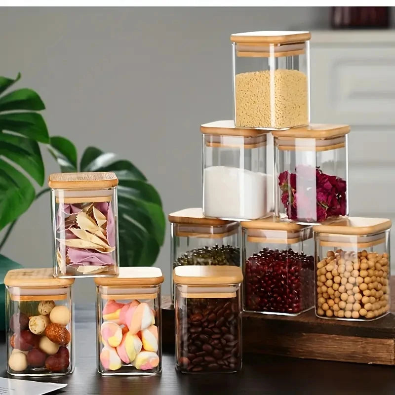 1/4/6/8/12Pcs - Square Food Storage Containers, Kitchen Spice Glass Jars, Transparent Glass Jar Set, Square Wide-Mouth Glass Storage Containers, Glass Airtight Jars, Coffee Bean Storage Containers, for Kitchen Spices, Grains,