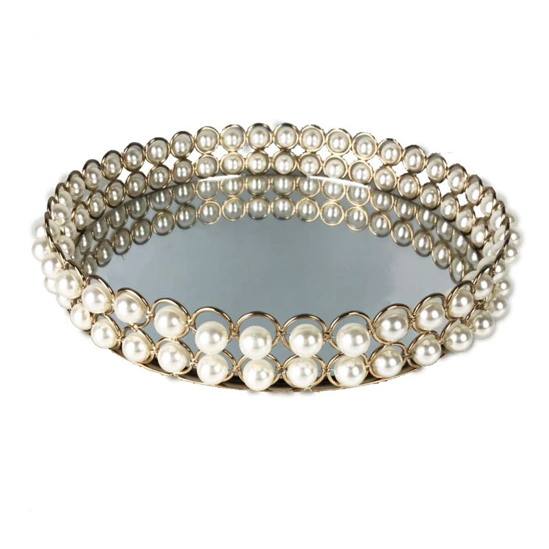 European Pearl-edged Glass Tray Ornaments Cosmetic Mirror Storage Tray Wedding Props Mirror Cake Rack Round Glass Plate