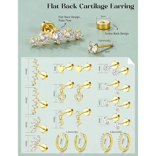 11 Pairs Flat Back Earrings for Women-20G Surgical Stainless Steel Stud Hoop Earring Set Tragus Helix Piercing Jewelry
