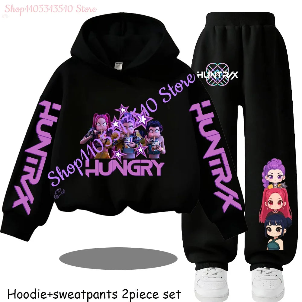 Hot Children's Hooded Sweater Set Huntrx Mira Rumi Zoey  Girl Cute Casual Top for Kids Sports Shirt with Cartoon Print 2 Pieces