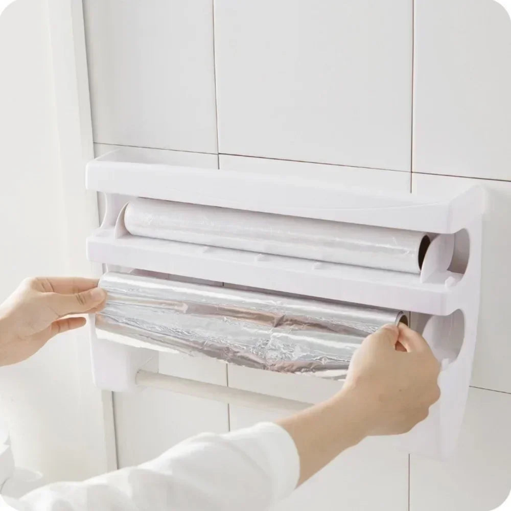 Cling Wrap Dispenser with Storage Rack Plastic Cutter Wall Hanging Paper Towel Holder Kitchen Organizer