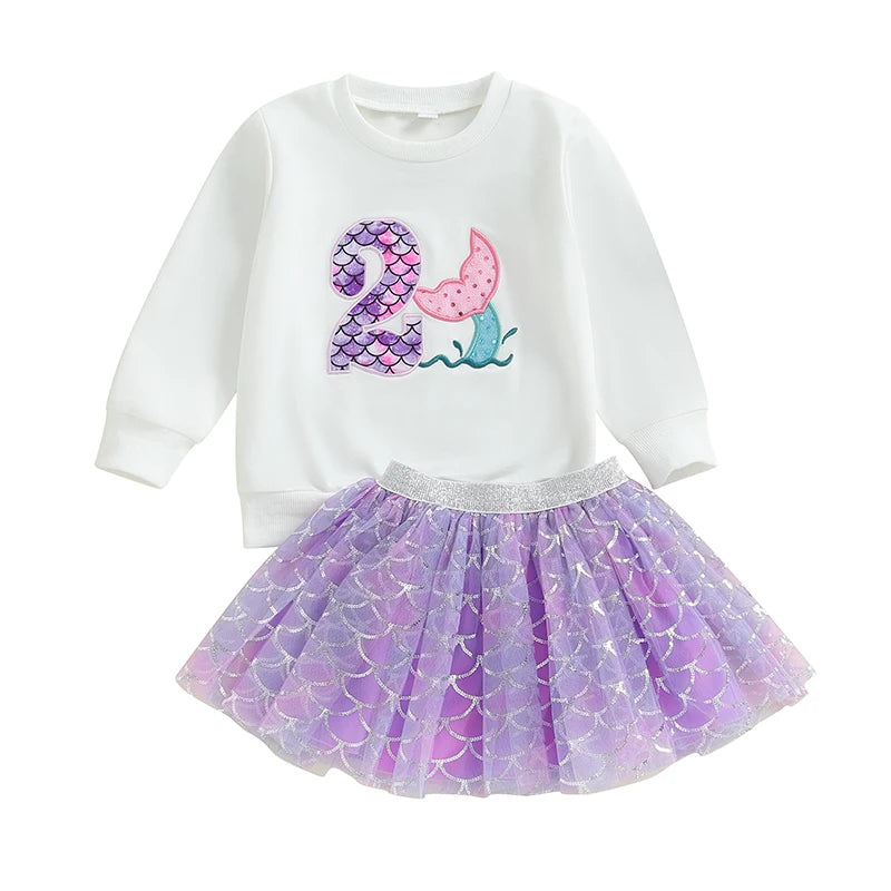 0-7Y Kids Girls Autumn Outfits Long Sleeve Number Embroidered Sweatshirt with Mermaid Tulle Skirts Sets Birthday Clothes