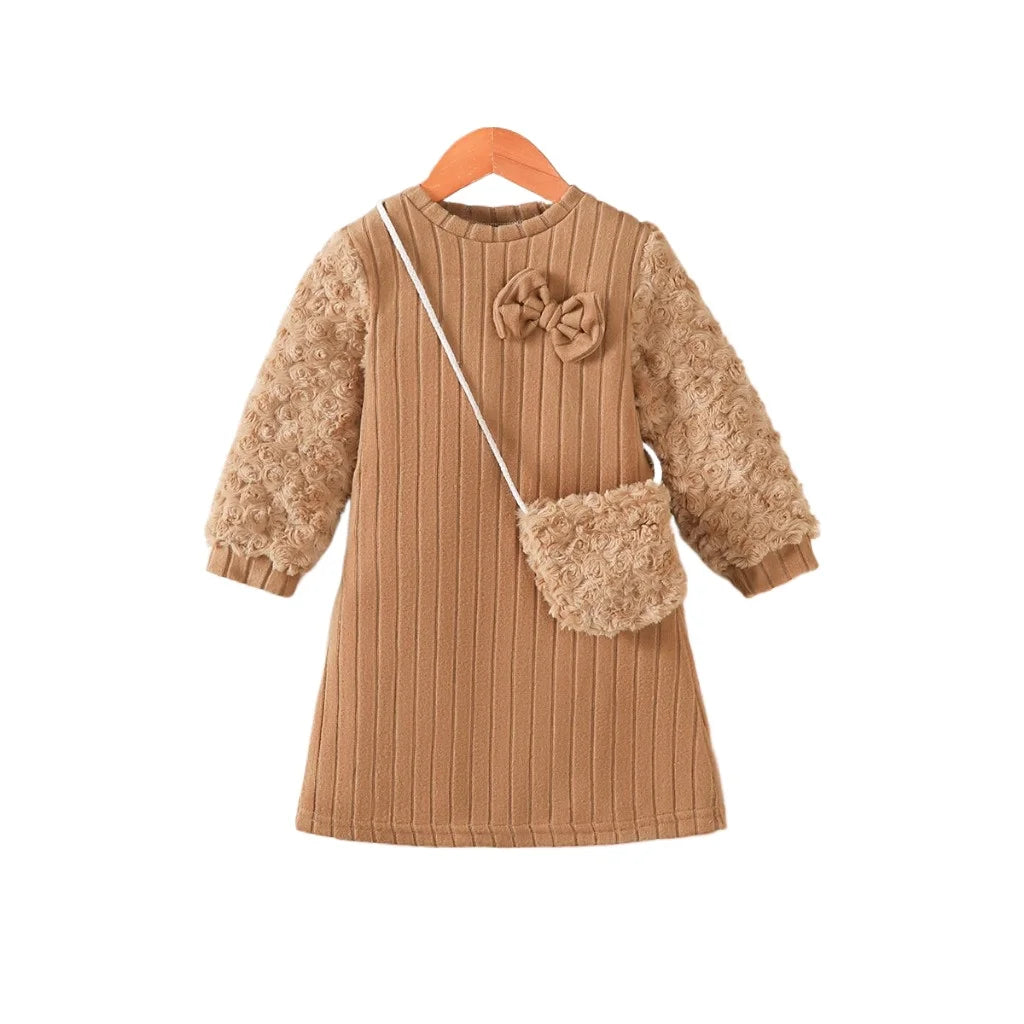 4-7 Year Children Girl Comfortable Dress Long Sleeved Soft Autumn&winter Dress Paired with A Small Shoulder Bag Fashion Clothing