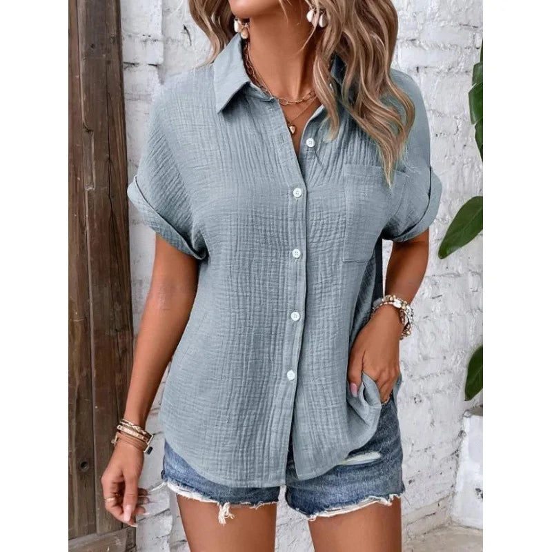 Women Casual Cotton Blouse Vintage Summer Short Sleeve Slim Shirt Elegant Turn Down Collar Solid Tunics Harajuku Streetwear Tops