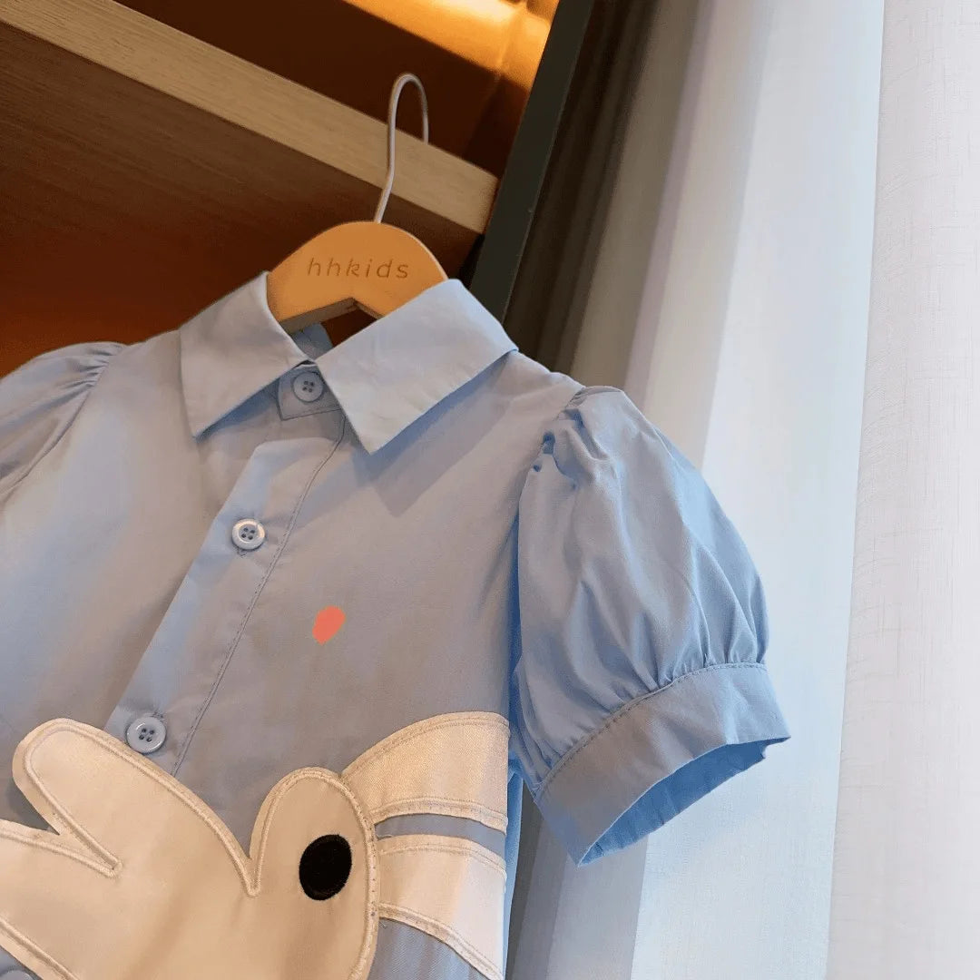 New Arrivals Girls' Dress Summer Fashion Kids' Turn-down Collar Puff Sleeve Dress Cute Rabbit Cotton Princess Dress Casual Style