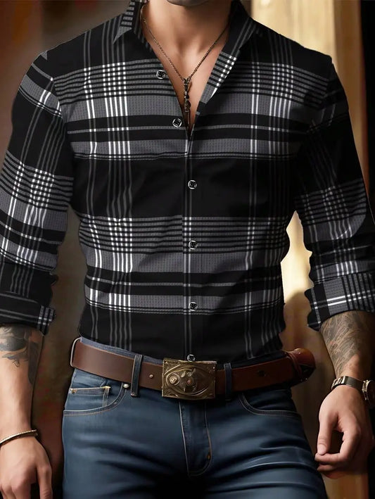 Men's Long Sleeve Plaid Shirt, Classic Fit, Button-Down Collar, All-Season Casual & Business Wear