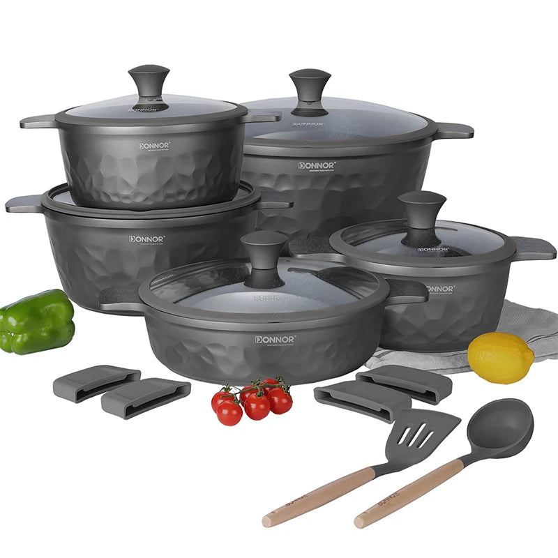 DONNOR 16Pcs Stockpot with Lid Kitchen Induction Cookware Set Multipurpose Stock Pot for Stew Simmering Soup Pot JT450