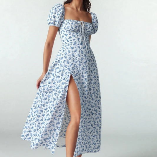 2025 Summer Sweet Ruffle Dress Vintage Floral Printed Dressess for Women French Elegant Square Collar Backless Dress 20472
