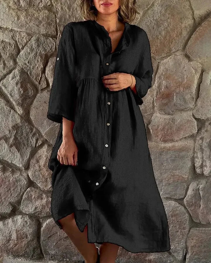 Casual Cotton Linen Long One-piece Pure Color Button-down Women's Dress Cross-border New Style Ankle-length Regular Sleeve