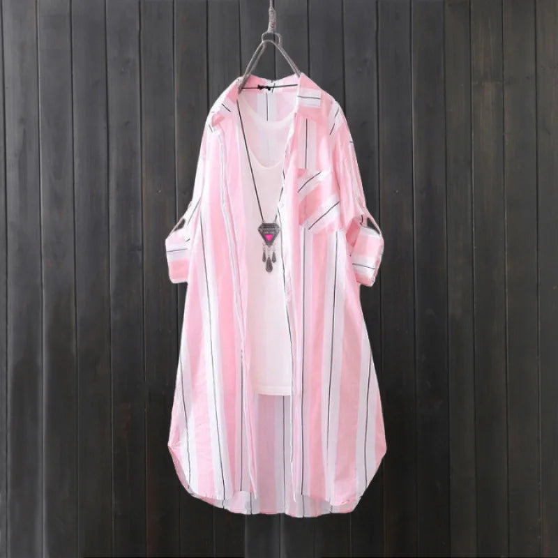 Chiffon shirt long-sleeved fashionable sun protection shirt top design loose striped shirt jacket plus size woman clothing