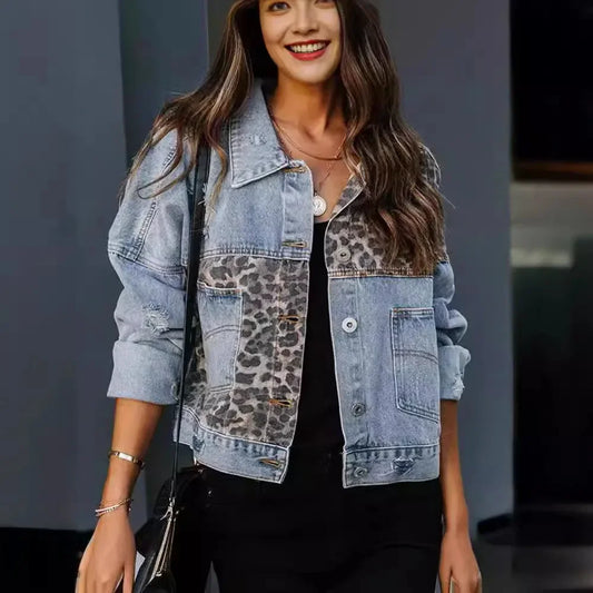 Cross-Border Amazon Denim Jacket Women's Long Sleeve Standalone European and American Style Denim Coat Women's Leopard Printed