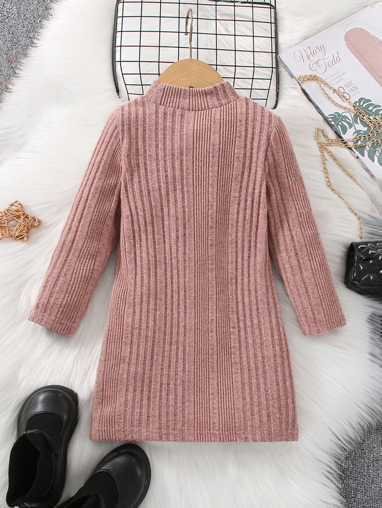 Autumn and winter girls' long sleeved round neck solid color pit stripe casual fashion cute knitted dress