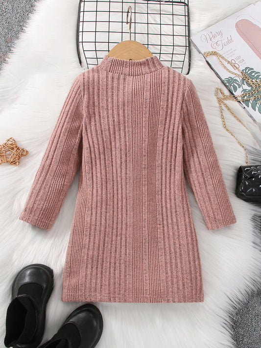 Autumn and winter girls' long sleeved round neck solid color pit stripe casual fashion cute knitted dress