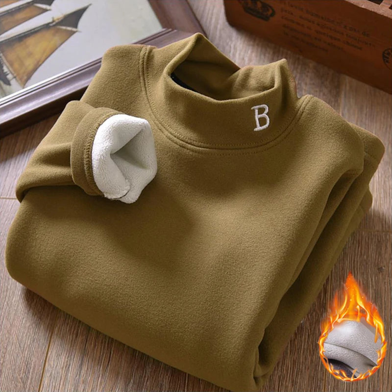 Kids Thermal Shirt 4-12Y Half-Turtleneck Velvet Top Autumn Winter Letter Embroidery Plush Long Sleeve Blouse for Boys & Girls
