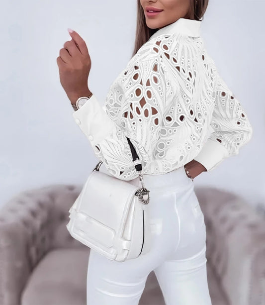 Women's Blouses Hollowed Out Long Sleeved Shirt Casual Solid Button Up With Lapel And Open Front Camisas Femininas