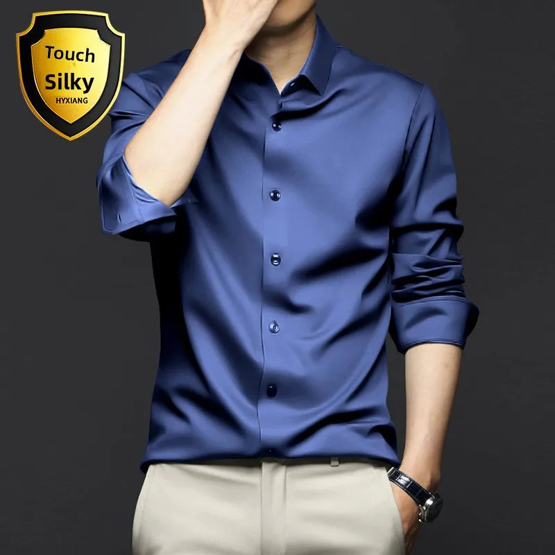 Business Casual Men's Long Sleeve Shirt Anti-Wrinkle Iron-Free Premium Ice Silk Black Slim Fit Polyester Fiber Square Collar