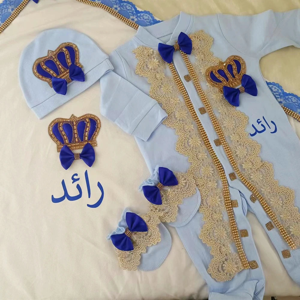 Baby Girl Boy Princess Prince Hospital Exit Newborn Bling Outfits Baby Bottles Gift Set Baby Shower Gift 5pcs Crown Romper
