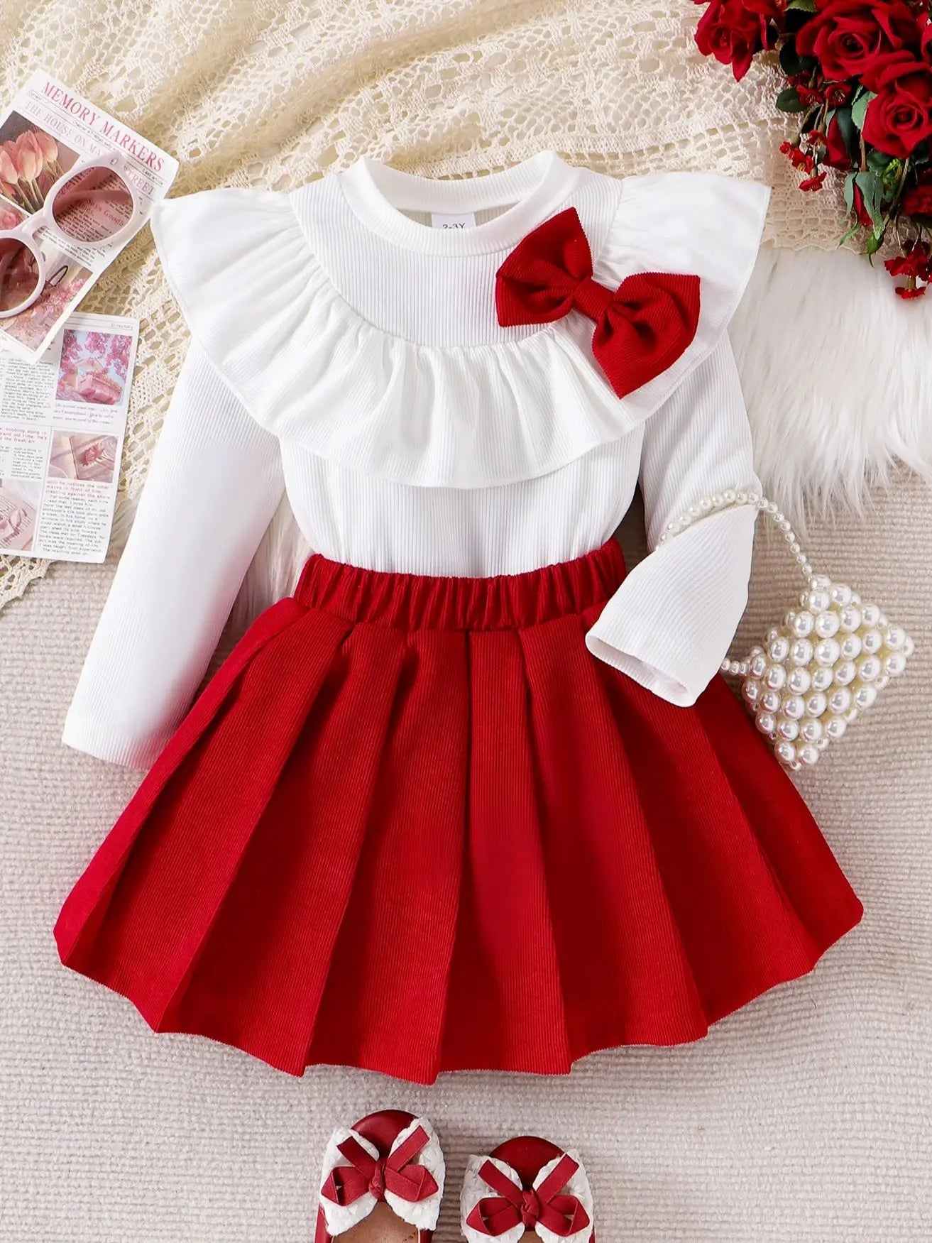 2PCS Autumn New Style Sweet And Cute Girl Baby White Bow Lace Long-Sleeved Top + Rose Red Solid Color Pleated Short Skirt