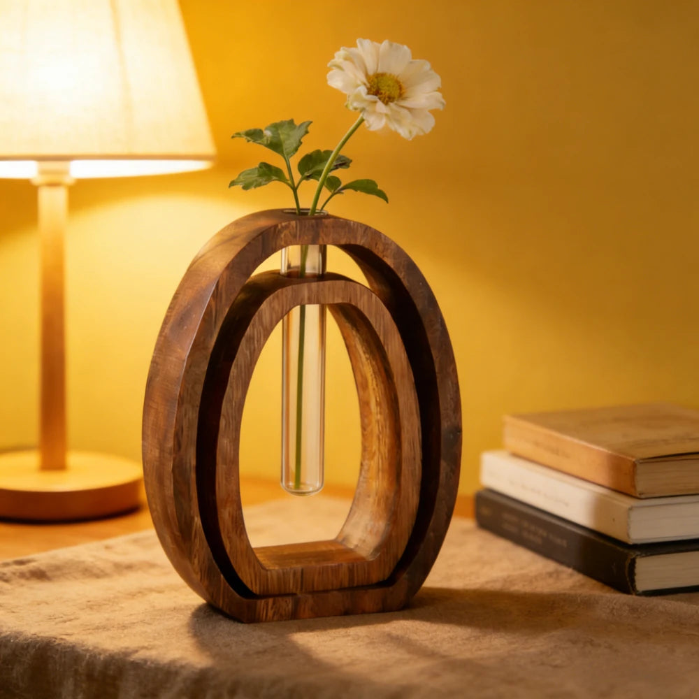 2Pcs/set Walnut Wood Glass Hydroponic Plant Container, Desptop Terrarium Bonsai Home Decor - Glass Tube Vase & Walnut Wood Base