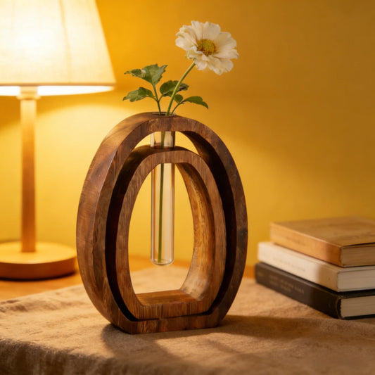 2Pcs/set Walnut Wood Glass Hydroponic Plant Container, Desptop Terrarium Bonsai Home Decor - Glass Tube Vase & Walnut Wood Base