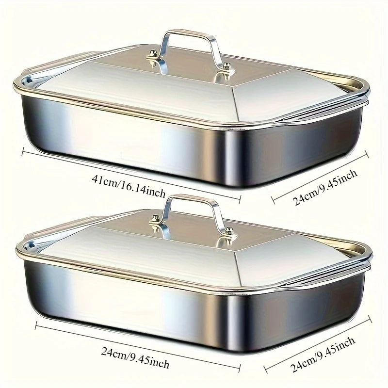 4-Piece Stainless Steel Baking Pan Set with Lids-16''x9'' Deep Dish for Fish/Pasta/Grilling Oven & Dishwasher Safe Cookware 4.2L