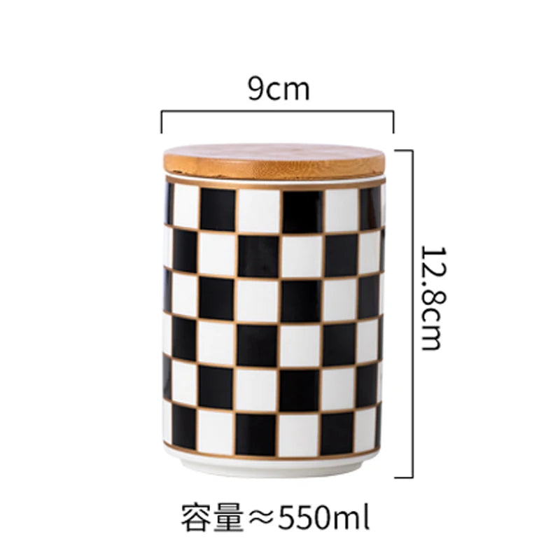 Black and White Lattice Storage Tank Checkerboard Sealed Tank Kitchen Storage Food Grade Ceramic Tank Box Tea Storage Tank