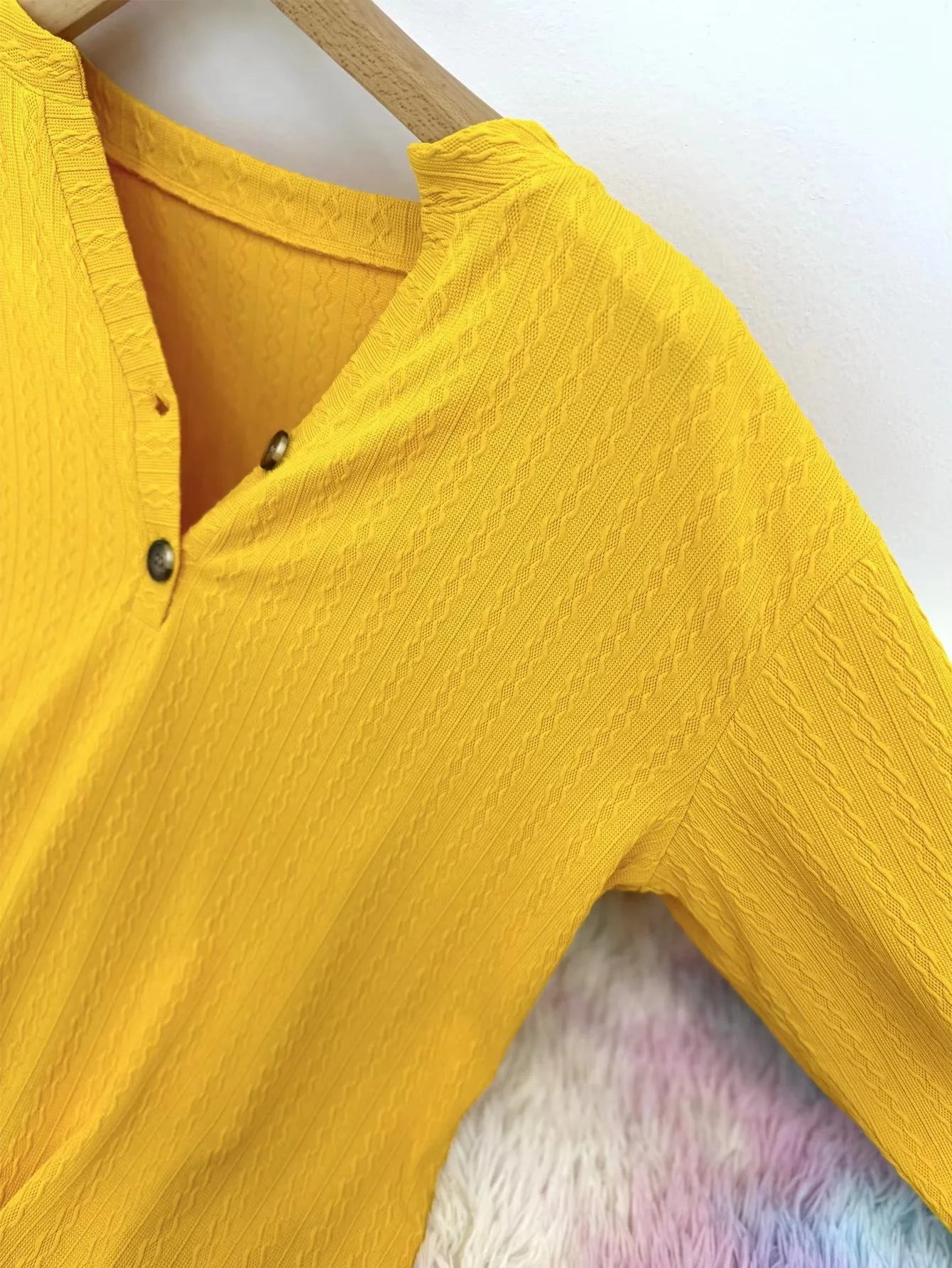 Plus size casual top  women's wide solid color chunky knit long sleeve button detail V-neck slightly elastic elegant top shirt