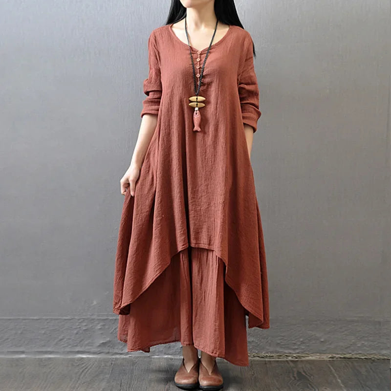 Irregular button women's cotton and linen pocket dress Korean round neck short sleeved loose solid color irregular double-layer