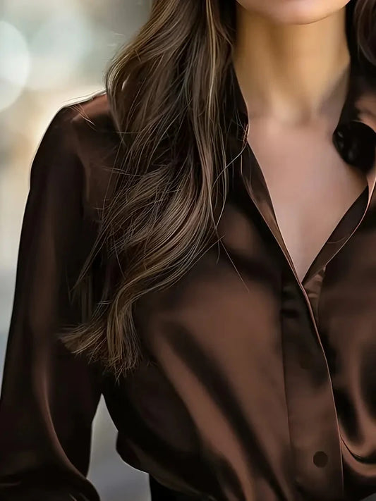 Elegant Black Satin Long Sleeve Blouse for Women  Button-Up Collar Shirt Perfect for Casual or Professional Wear