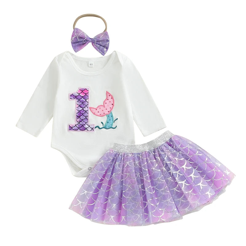 0-7Y Kids Girls Autumn Outfits Long Sleeve Number Embroidered Sweatshirt with Mermaid Tulle Skirts Sets Birthday Clothes