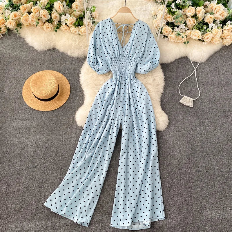 Women Wide Leg Trousers Jumpsuit V Neck Sexy Dolman Sleeves Waist Slim Polka Dot Print Jumpsuit