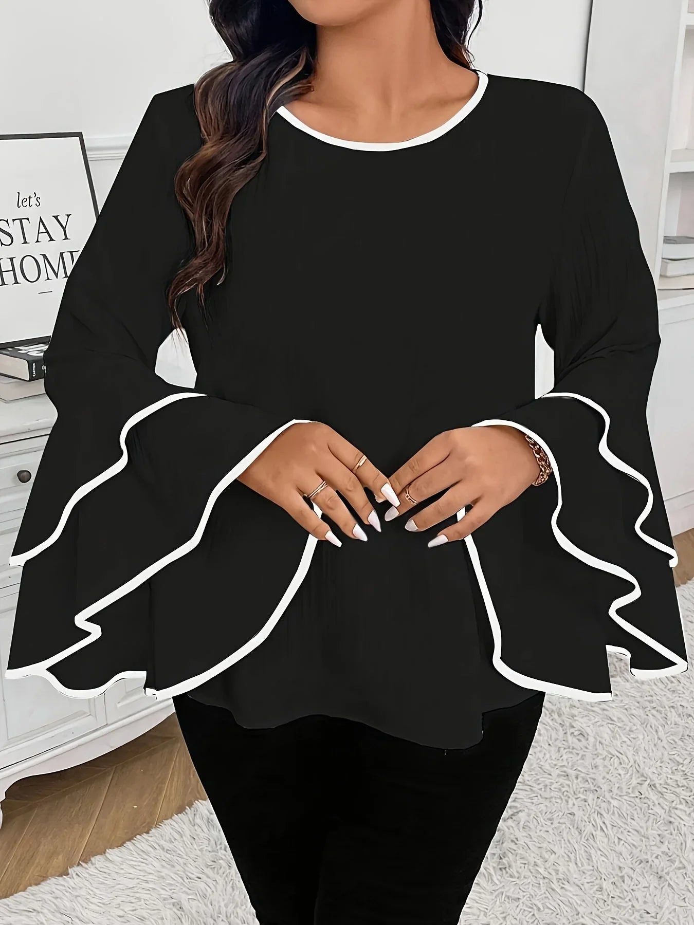 Women's Large Size T-shirt 2025 Spring/summer New Relaxed Casual Solid Color Crew-neck Flared Long-sleeved Top