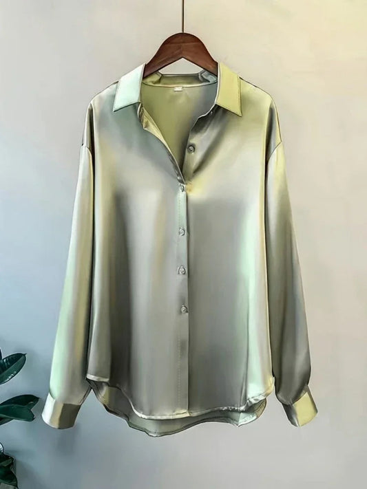 Plus Size Shirts 2025 Loose Casual Women Silk Fashion Long Sleeve Button-Down Blouse Senior Female Elegant Solid Top Office Wear
