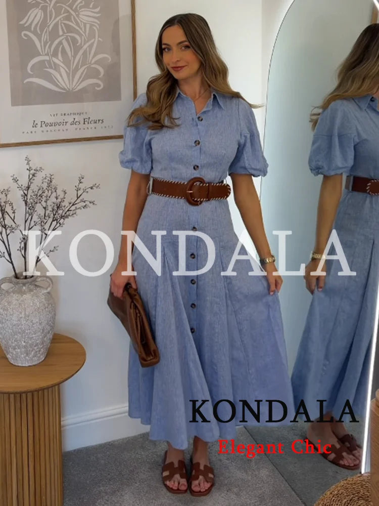KONDALA Women Elegant Blue Trendy Long Dress Single Breasted Belt Dress New Fashion 2026 Spring Summer Holiday Beach Lady Dress