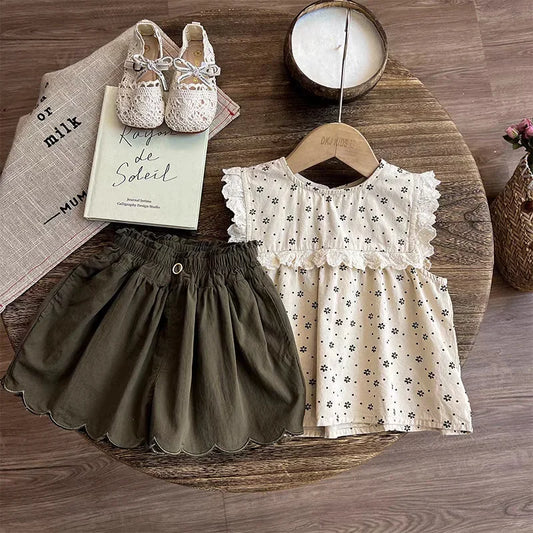 3-7Y Kids Girls Outfits Summer Floral Print Sleeveless Top and Ruffled Shorts Sets Lace Trim Soft Children Vocation Clothing