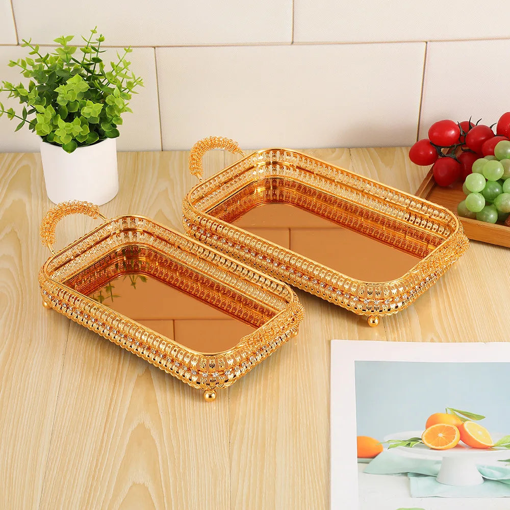 2Pcs European high-end tray gold hollow hotel household fruit plate wrought iron size set snack storage basket