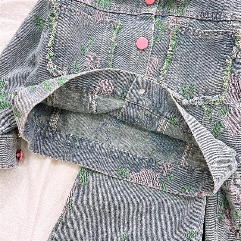 Girls' Clothing Sets 2025 Spring and Autumn New Children's Clothing Cute Denim Jacket Cardigan+ Straight Leg Jeans Kids Suit